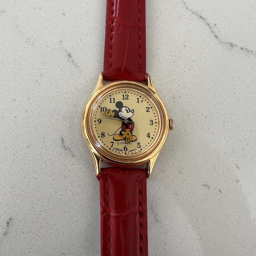 Vintage Lorus Mickey Mouse Watch Cream Dial With Red Band & New Battery